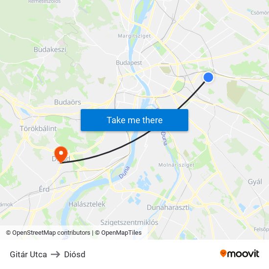 Gitár Utca to Diósd map