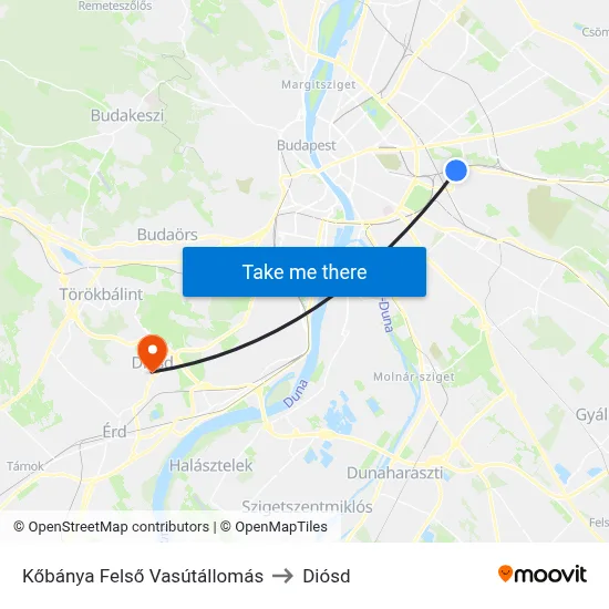Kőbánya Felső Vasútállomás to Diósd map
