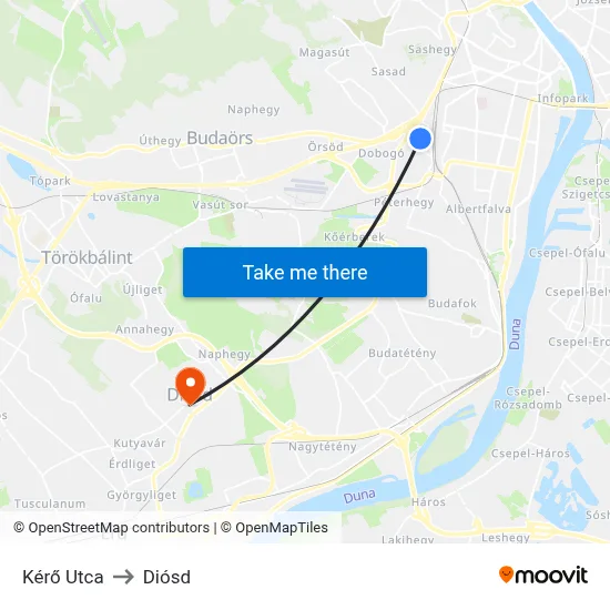 Kérő Utca to Diósd map