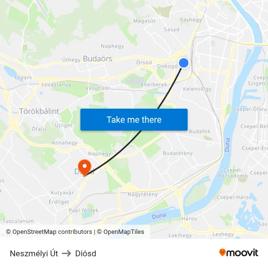 Neszmélyi Út to Diósd map