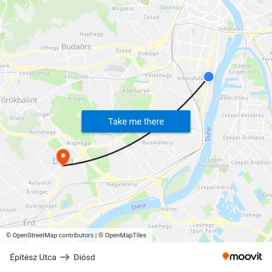Építész Utca to Diósd map