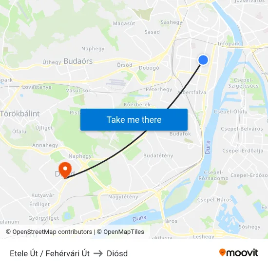 Etele Út / Fehérvári Út to Diósd map