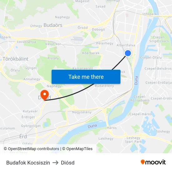 Budafok Kocsiszín to Diósd map