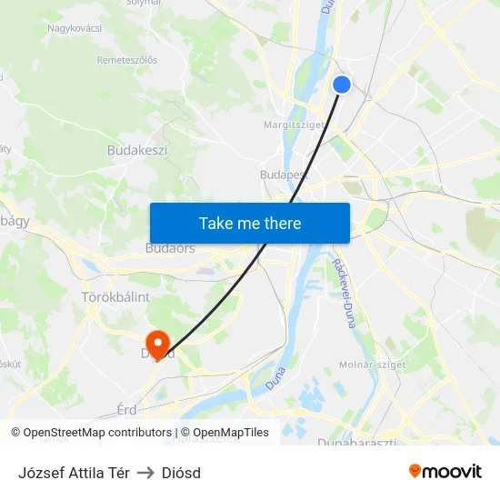 József Attila Tér to Diósd map