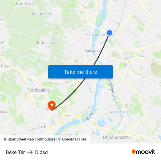 Béke Tér to Diósd map