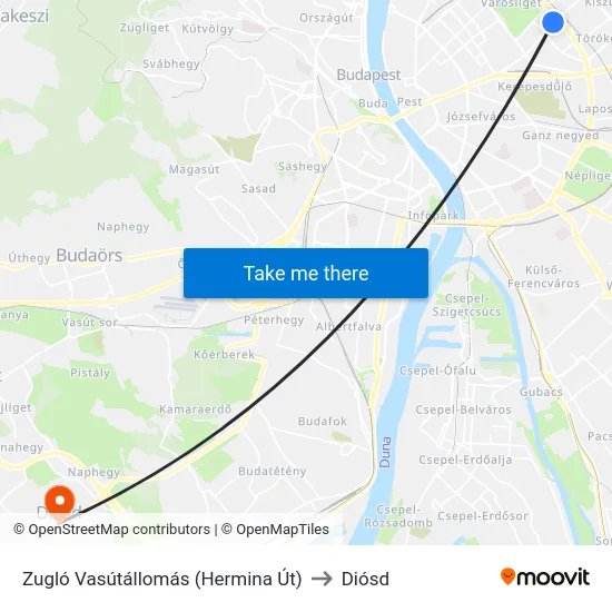 Zugló Vasútállomás (Hermina Út) to Diósd map