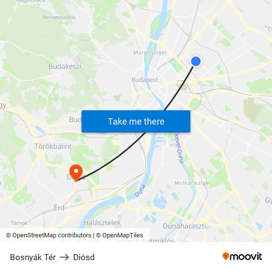 Bosnyák Tér to Diósd map