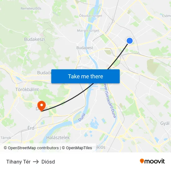 Tihany Tér to Diósd map
