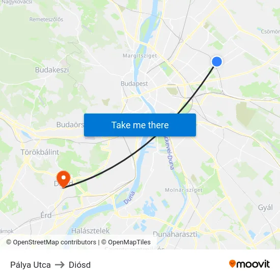 Pálya Utca to Diósd map