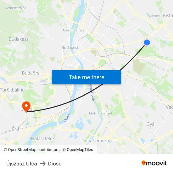 Újszász Utca to Diósd map