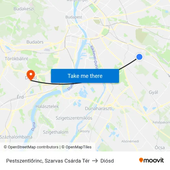 Pestszentlőrinc, Szarvas Csárda Tér to Diósd map