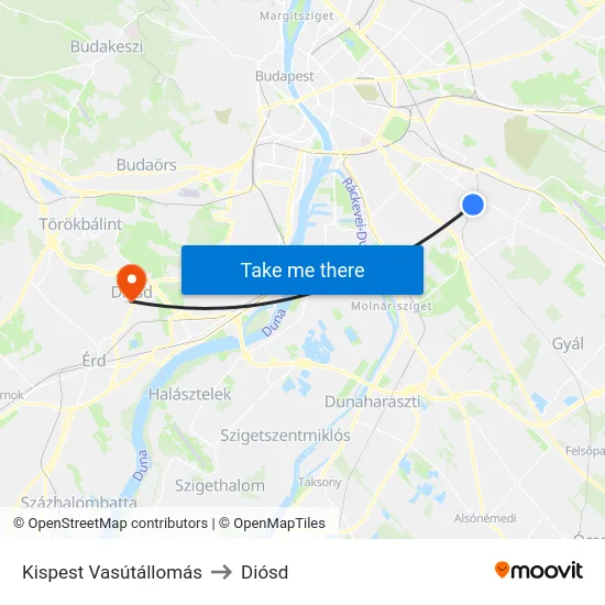Kispest Vasútállomás to Diósd map