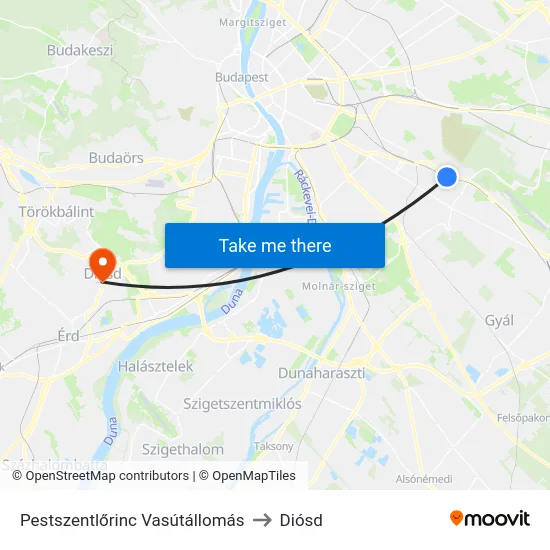 Pestszentlőrinc Vasútállomás to Diósd map