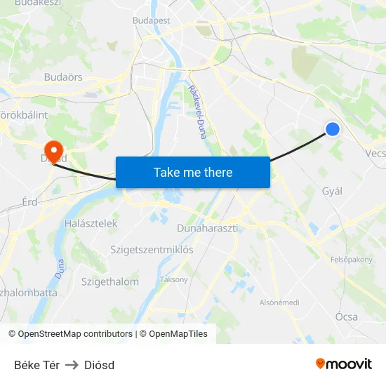 Béke Tér to Diósd map
