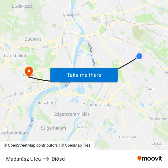 Madarász Utca to Diósd map