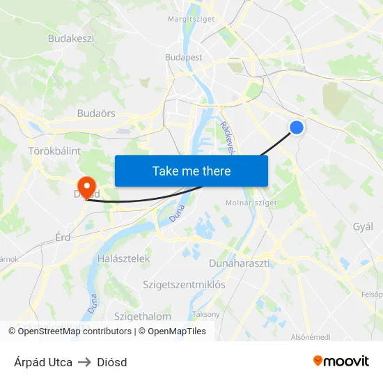 Árpád Utca to Diósd map