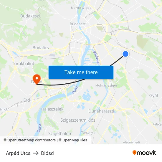 Árpád Utca to Diósd map
