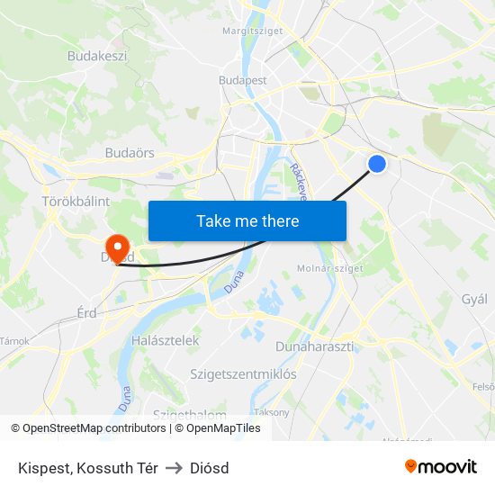 Kispest, Kossuth Tér to Diósd map