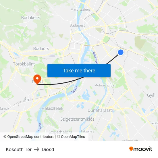 Kossuth Tér to Diósd map