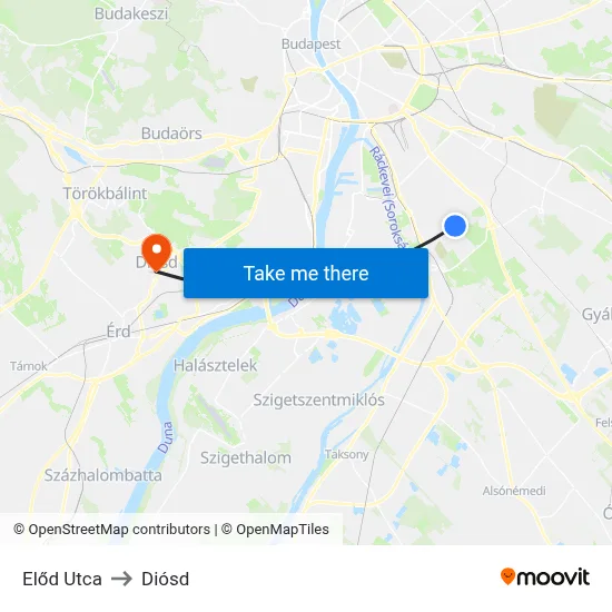 Előd Utca to Diósd map