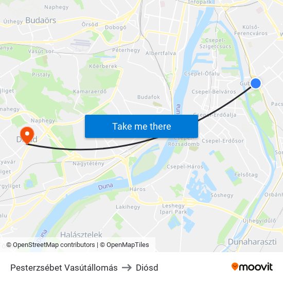 Pesterzsébet Vasútállomás to Diósd map