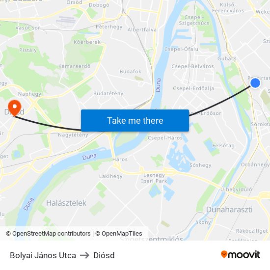 Bolyai János Utca to Diósd map