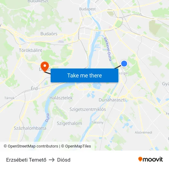 Erzsébeti Temető to Diósd map
