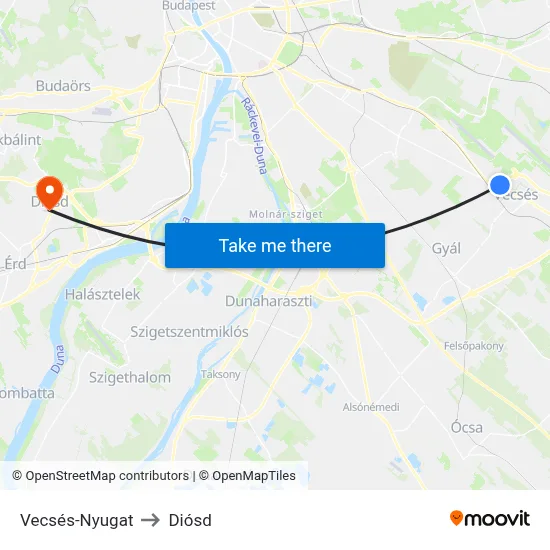 Vecsés-Nyugat to Diósd map