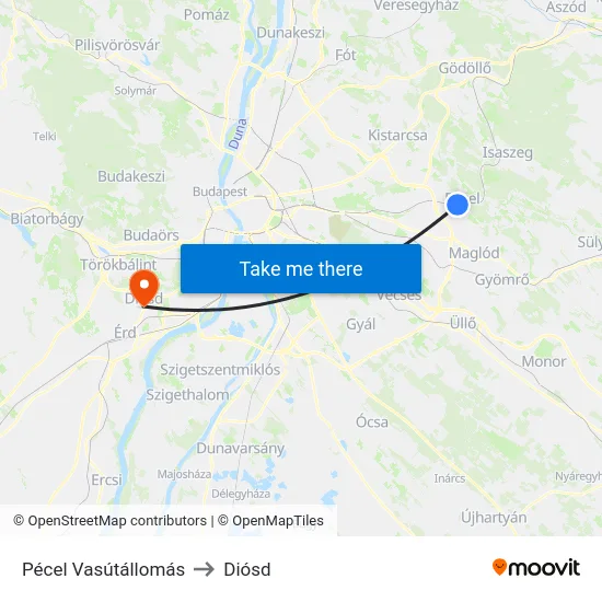 Pécel Vasútállomás to Diósd map