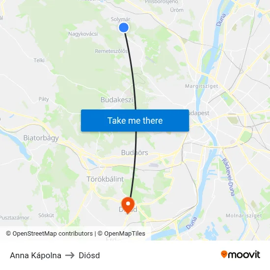 Anna Kápolna to Diósd map
