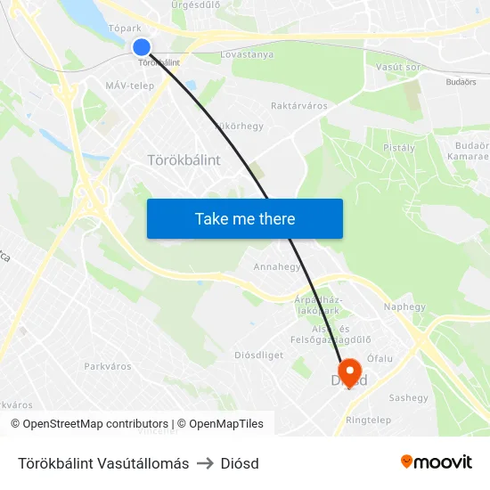 Törökbálint Vasútállomás to Diósd map