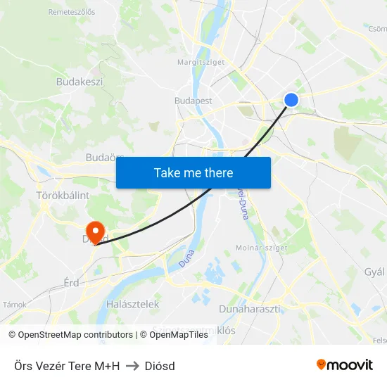 Örs Vezér Tere M+H to Diósd map