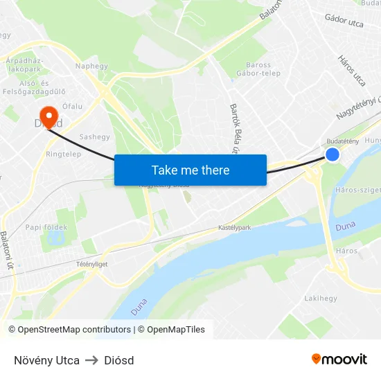 Növény Utca to Diósd map