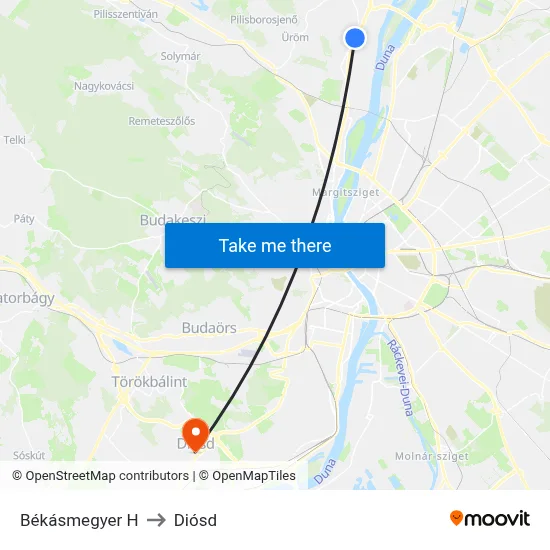 Békásmegyer H to Diósd map