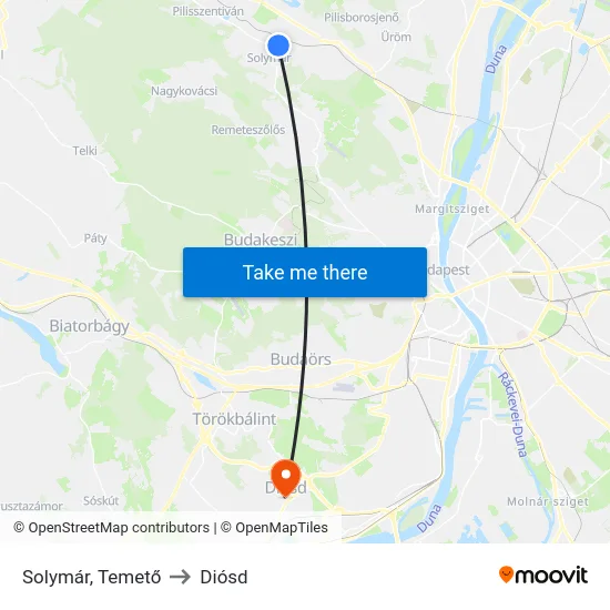 Solymár, Temető to Diósd map