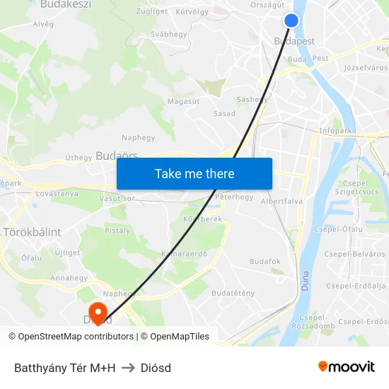 Batthyány Tér M+H to Diósd map