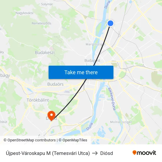 Újpest-Városkapu M (Temesvári Utca) to Diósd map