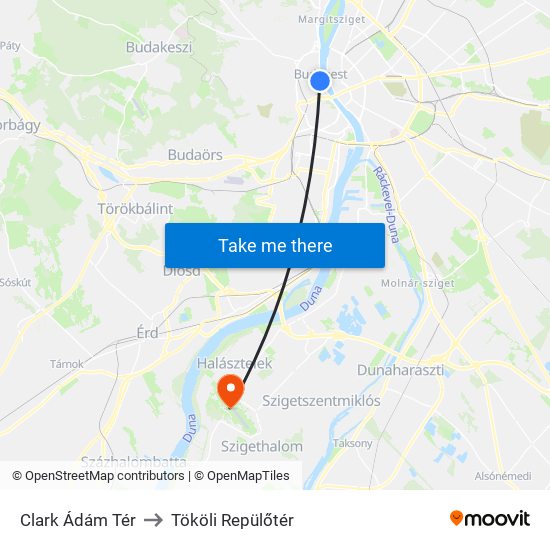 Clark Ádám Tér to Tököli Repülőtér map