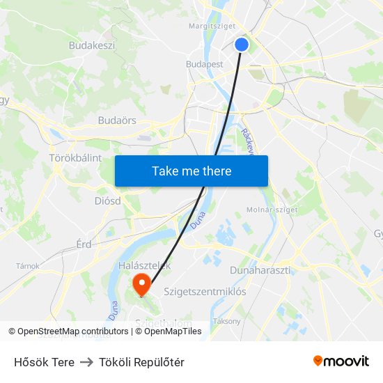 Hősök Tere to Tököli Repülőtér map