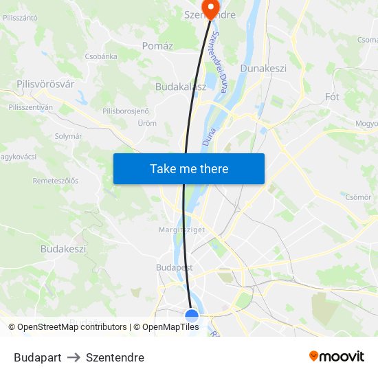 Budapart to Szentendre map