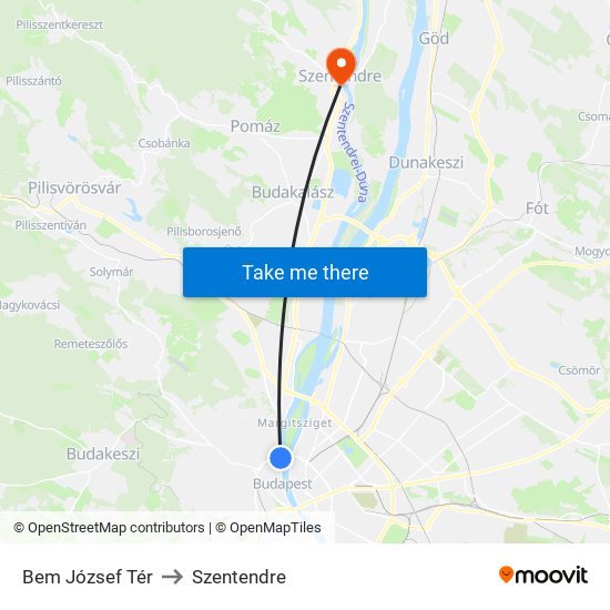 Bem József Tér to Szentendre map