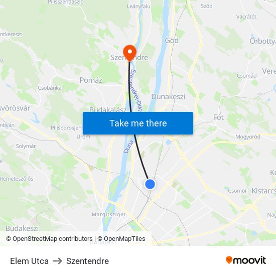 Elem Utca to Szentendre map