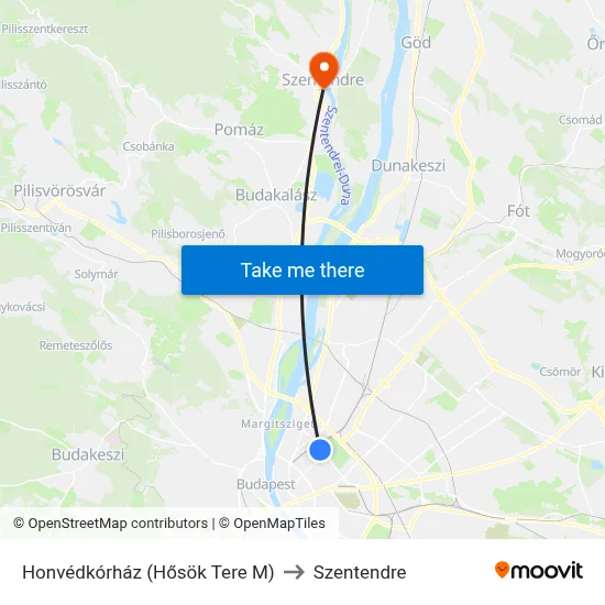 Honvédkórház (Hősök Tere M) to Szentendre map