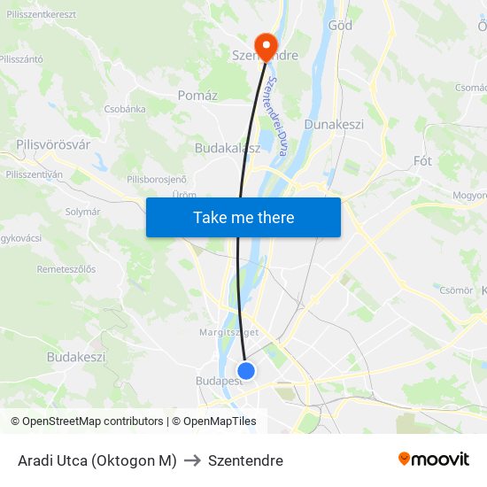 Aradi Utca (Oktogon M) to Szentendre map