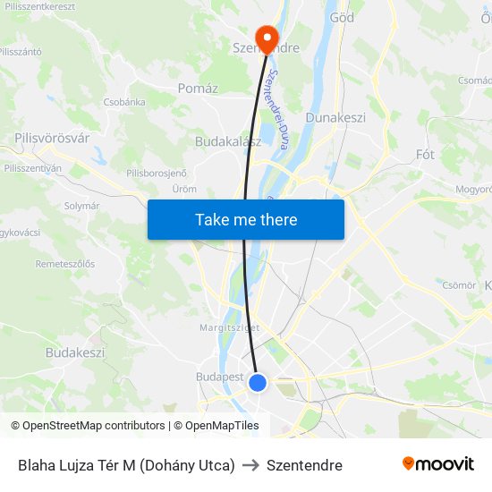 Blaha Lujza Tér M (Dohány Utca) to Szentendre map