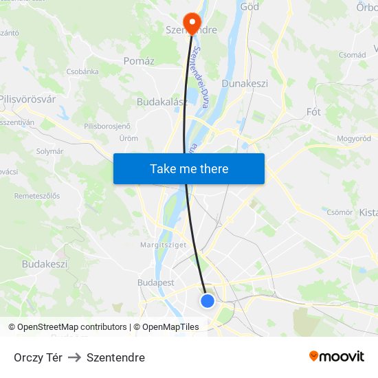 Orczy Tér to Szentendre map