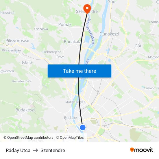 Ráday Utca to Szentendre map