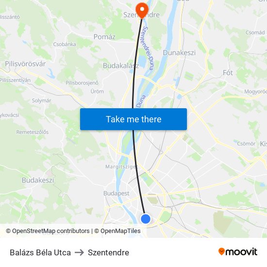 Balázs Béla Utca to Szentendre map