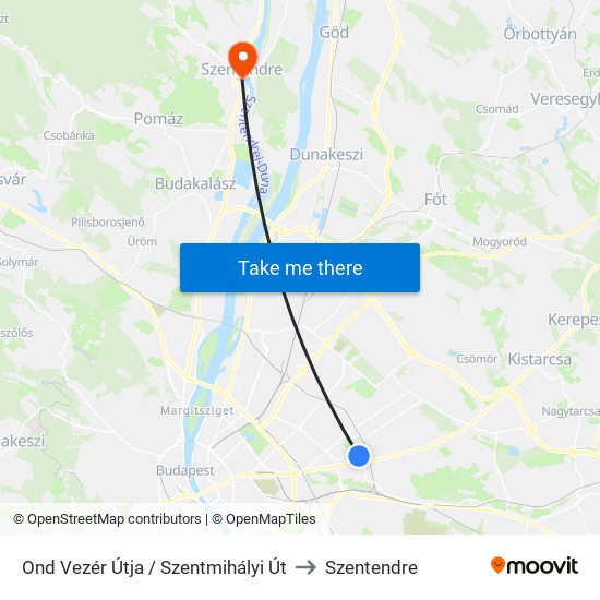 Ond Vezér Útja / Szentmihályi Út to Szentendre map