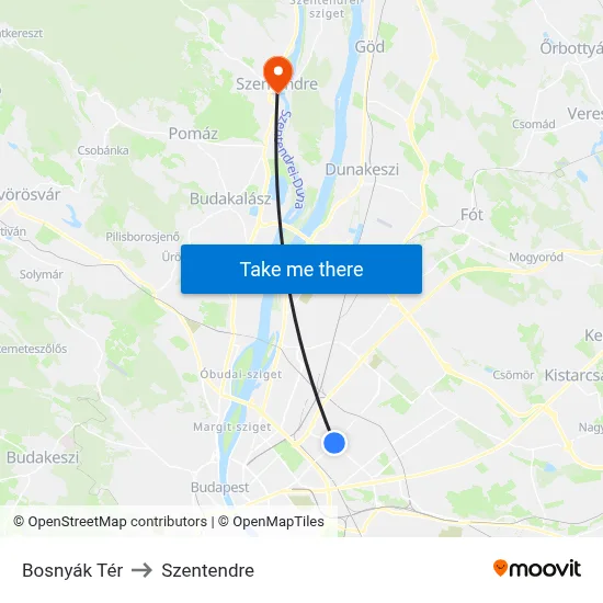 Bosnyák Tér to Szentendre map